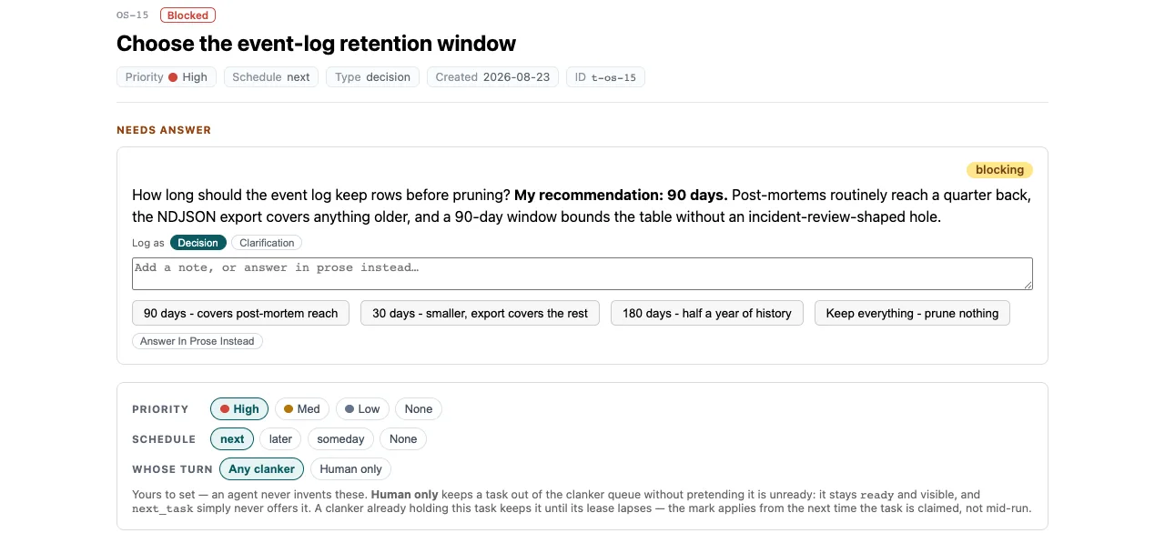 A blocked task: a needs-answer card with an agent's retention-window question, its recommendation, four answer options and a prose escape, above the task's priority, schedule and whose-turn controls