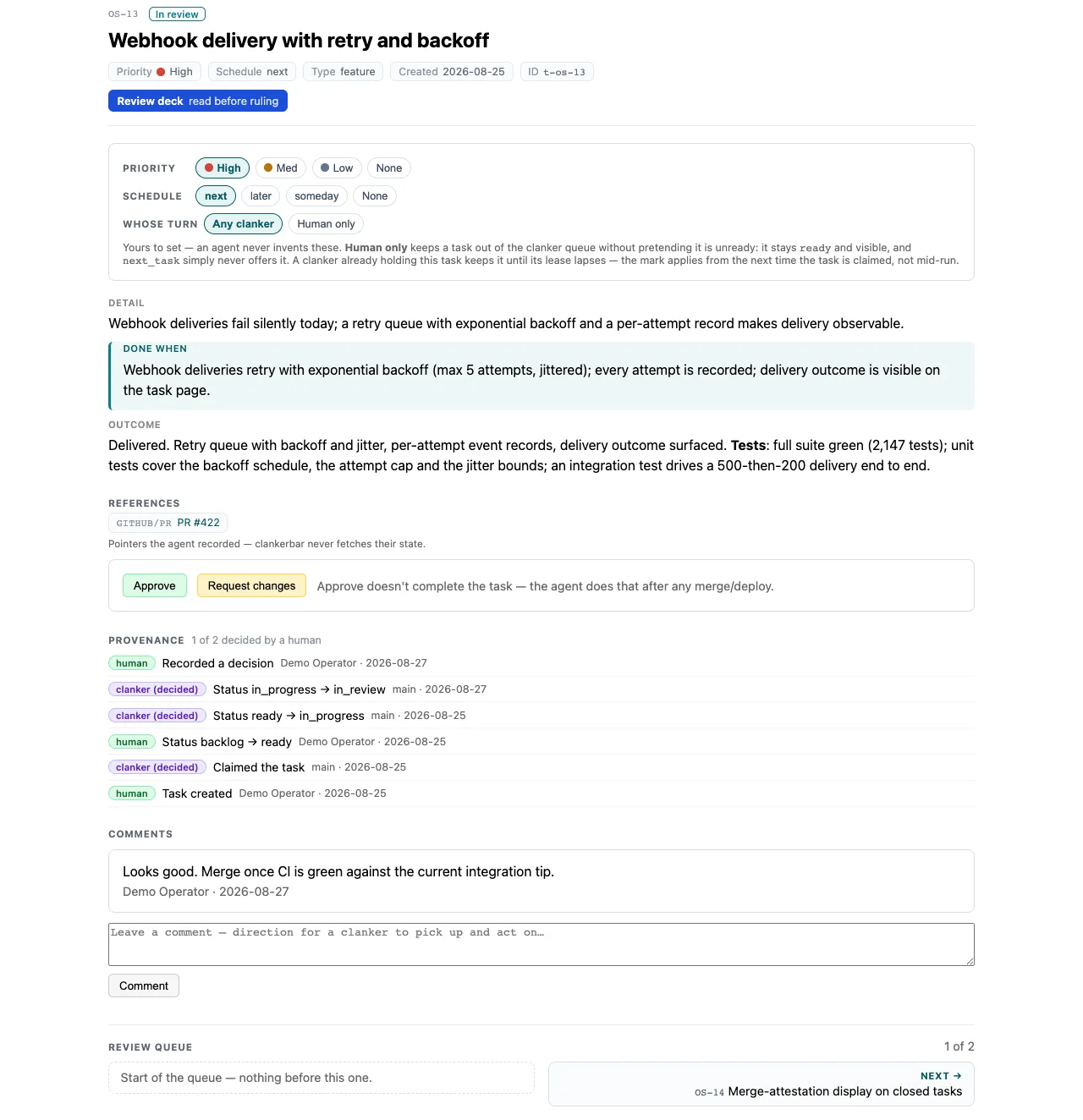 An in-review task page: its status chip, review deck link, done-when criterion, the agent's outcome report with test counts, approve / request changes buttons, and the review queue pager